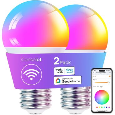 Consciot Smart Light Bulbs, 2Pack,WiFi LED Light Bulb That Works with Alexa & Google Home, Music Sync, Color Changing Light Bulb, A19 E26 2.4Ghz WiFi Light Bulbs 60 watt Equivalent, 800lm Dimmable 