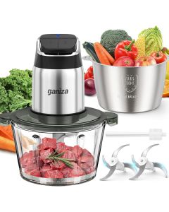 Ganiza Food Processor, 2-Speed Food Chopper Meat Grinder with 8 Cup Stainless Steel & 8 Cup Glass Bowls, Upgraded Button & Smart Overheat Protection Light - Includes Clean Brush, 2 Sets of Blades