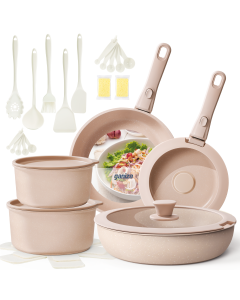 Ganiza 27pcs Nonstick Cookware Set, Pots and Pans Set Non Stick Detachable Handle, Non Toxic Cookware Sets Induction, Pots and Pans with Removable Handles, RV Cooking Set, Oven/Dishwasher Safe, Pink