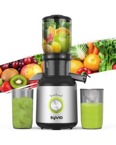 Syvio Cold Press Juicer, Juicer Machine with 4.3" Feed Chute, Slow Masticating Juicer for Fruits and Vegetables, Juice Maker with High Juice Yield, BPA-Free, Easy to Clean, Black Silver