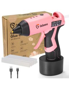 GoGonova 15s Fast Cordless Hot Glue Gun with 5Ah Built-in Battery - Kit with 25 Pcs Premium Mini Glue Sticks, Pink