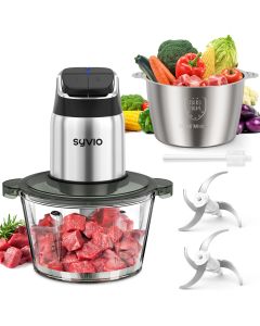 Syvio 2-Speed Food Processor with Dual 8-Cup Bowls (Stainless Steel & Glass) - Upgraded Safety Features, Smart Overheat Protection Light, Powerful Motor, Includes 2 Blades & Cleaning Brush