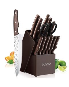 Syvio Kitchen Knife Sets with Block and Wood Handle -  with Built-in Sharpener, 14 Piece