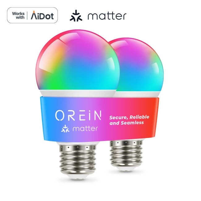 OREiN Matter Smart Light Bulbs Reliable WiFi Light Bulb with Matter A19 E26  LED Color Changing Light Bulbs 9W Equi 60W 800LM CRI>90 Work with