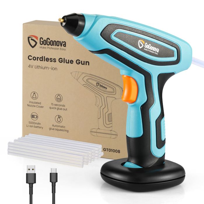 GoGonova Cordless Anti-Drip Glue Gun 15s Fast Preheating - 5Ah USB-C  Rechargeable, Kit with 25 Pcs Mini Glue Sticks