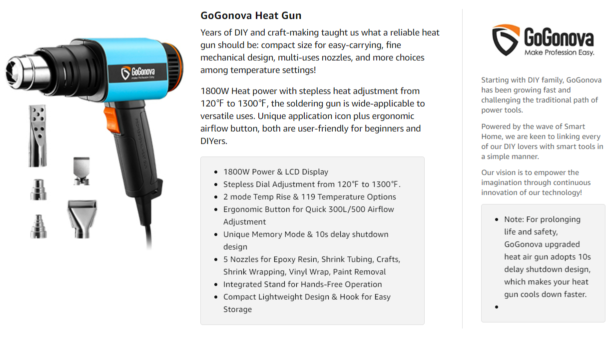 1800W Heat Gun, GoGonova Heavy Duty Soldering Hot Air Gun