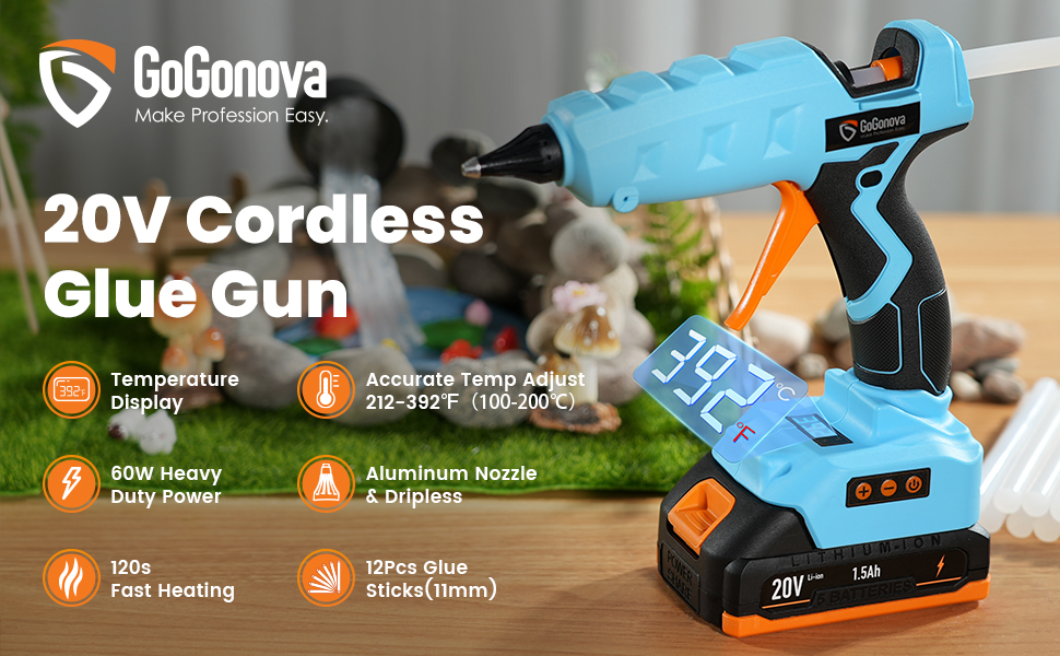 GoGonova 20V Temp Adjust Cordless Glue Gun with LCD Digital Display - Kit  with 12 Pcs Glue