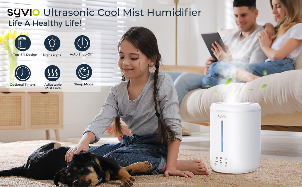 Syvio Humidifiers for Bedroom Large Room with 360° Nozzle - Ultrasonic &  Essential Oil Diffuser, 2.8L