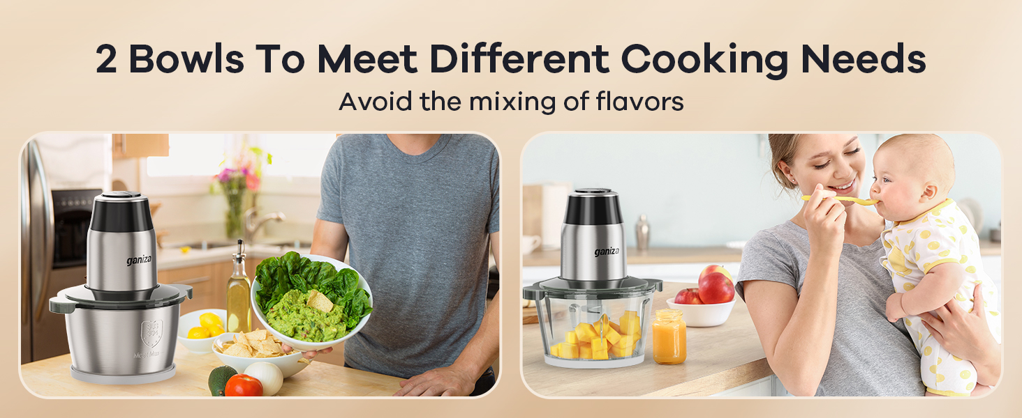 GANIZA 450W Food Processor With Meat Grinder - 2x8 Cup Bowls & Dual Blades For Chopping & Grinding