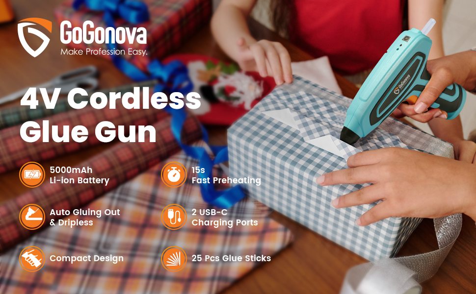 GoGonova Cordless Anti-Drip Glue Gun 15s Fast Preheating - 5Ah USB-C  Rechargeable, Kit with 25 Pcs Mini Glue Sticks